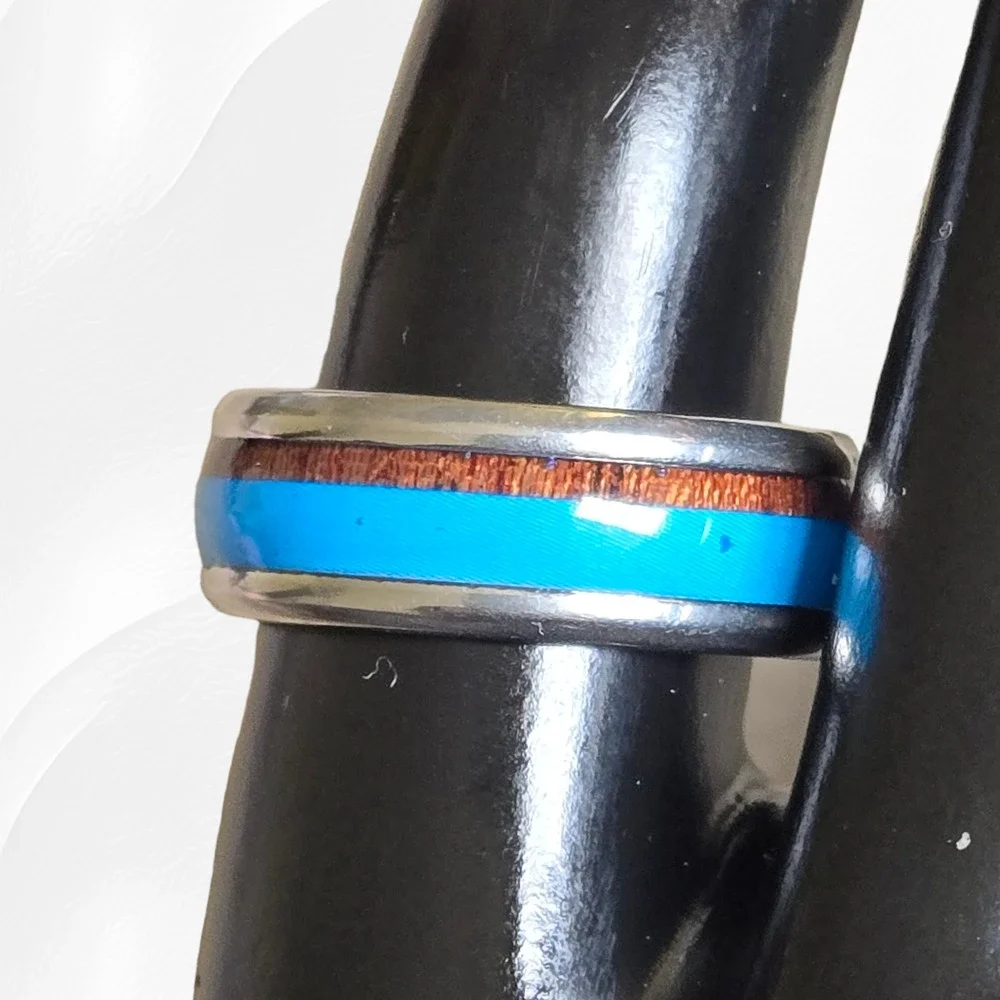 Turquoise Wood Pattern Artificial Inlay Stainless Steel Fashion Band Ring Size 9